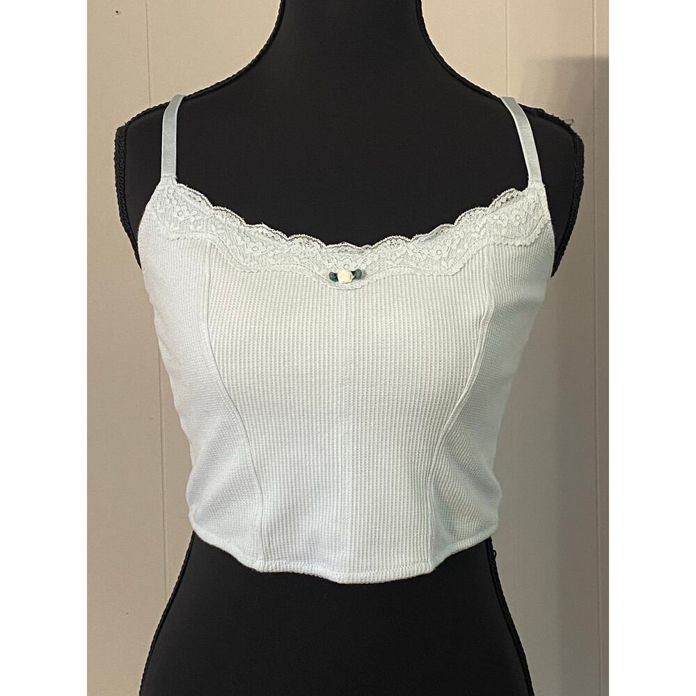 aby Blue Lace‎ Trim Ribbed Crop Top Cami Tank Med Y2K Coquette Fairycore Lolita